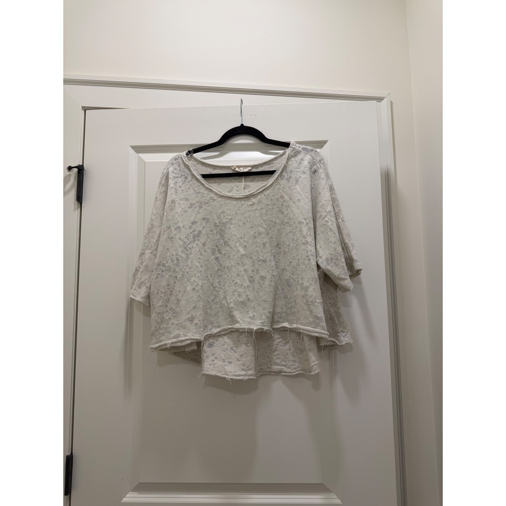Molly Green Lace Crop Top Cream Grey Raw Hem High Low Short Sleeve M